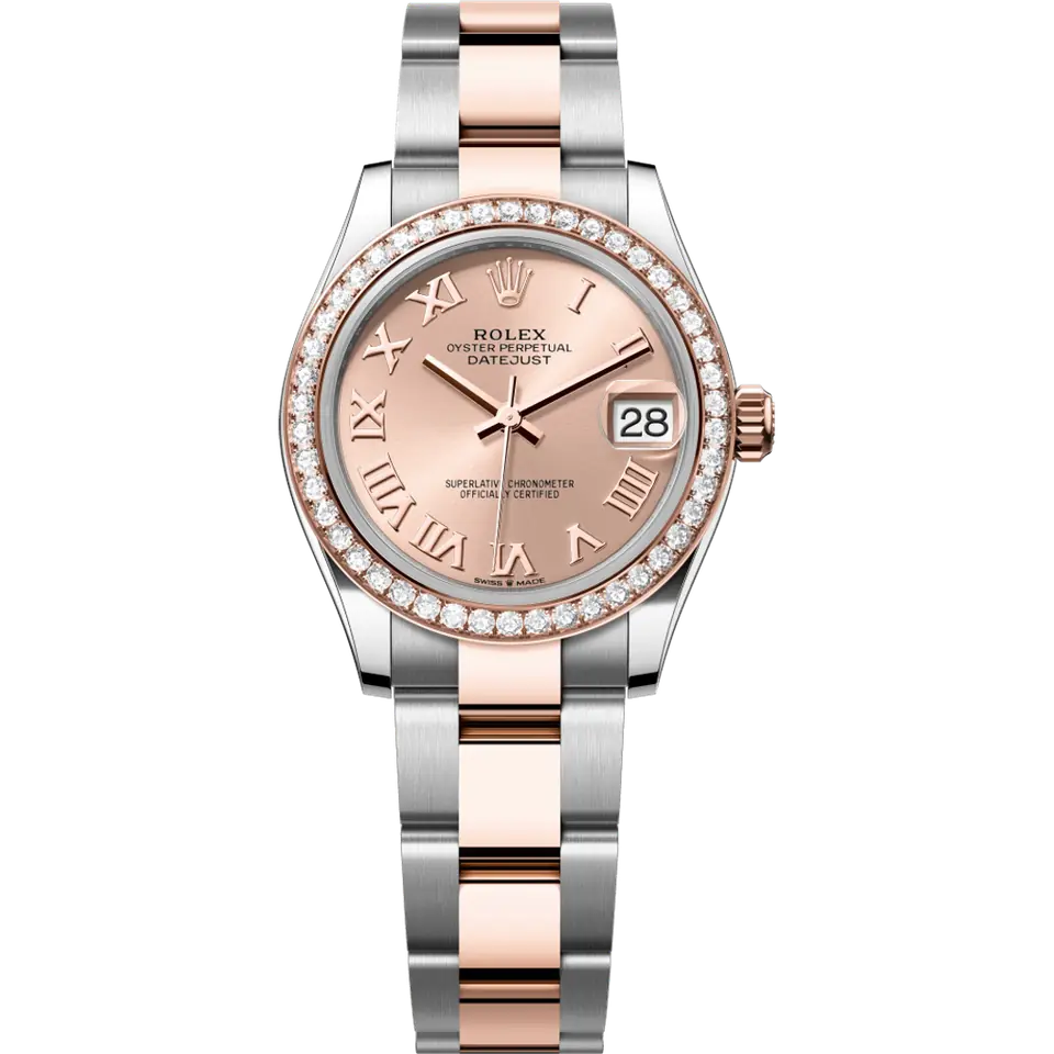 Rolex Datejust 31 278381RBR with a rosé Roman-numeral dial and a diamond-set Everose gold bezel on an Everose Rolesor Oyster bracelet, front view