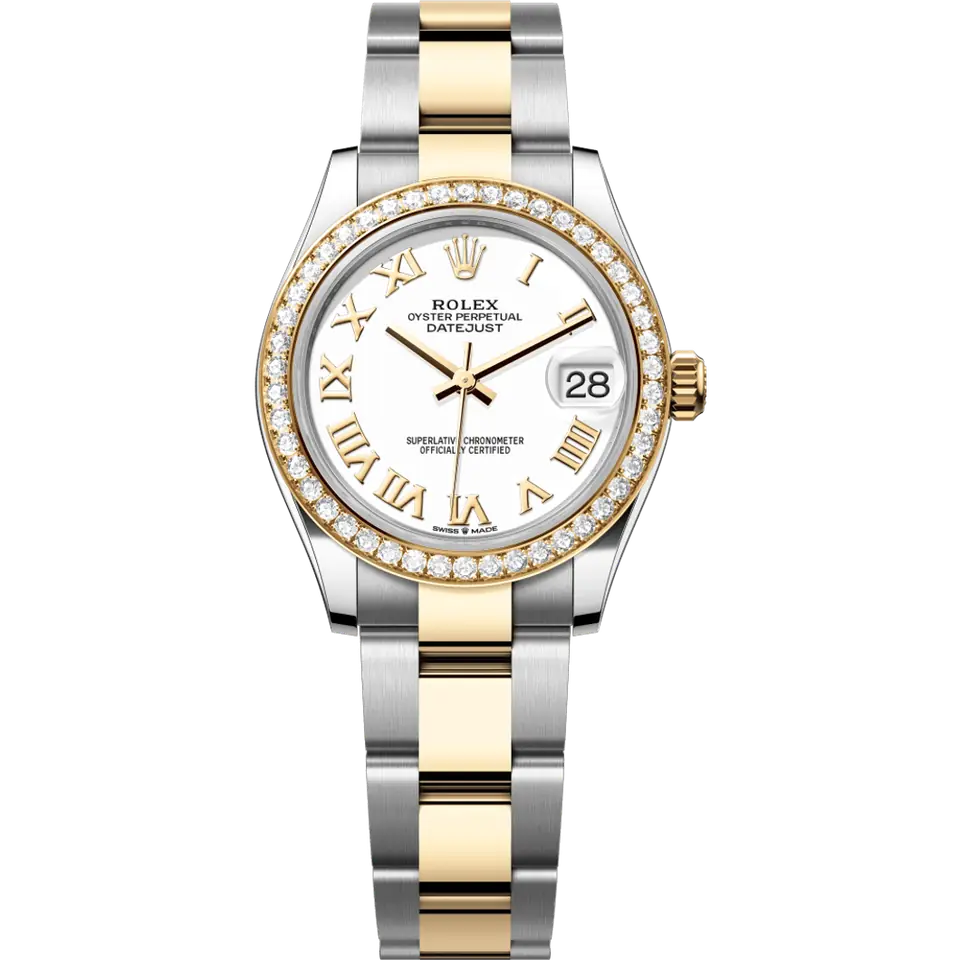 Rolex Datejust 31 278383RBR with a white Roman-numeral dial and a diamond-set yellow gold bezel on a yellow Rolesor Oyster bracelet, front view