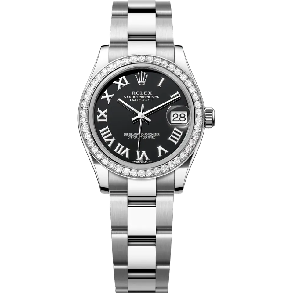 Rolex Datejust 31 278384RBR with a black Roman-numeral dial and a diamond-set white gold bezel on an Oyster bracelet, front view