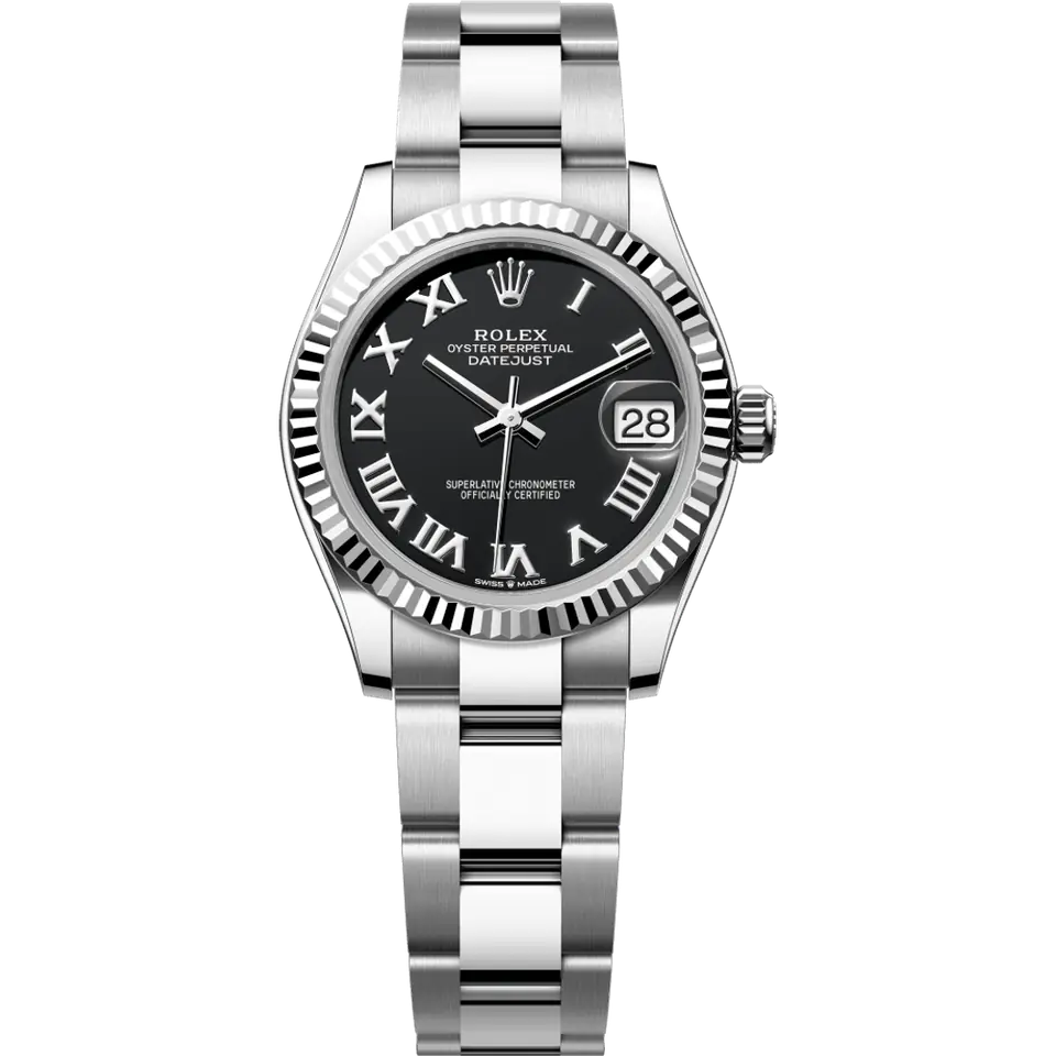 Rolex Datejust 31 278274 with a black dial with Roman numerals and a fluted white gold bezel on a steel Oyster bracelet, front view
