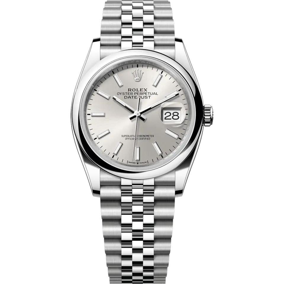 Rolex Datejust 36 126200 with a silver dial and a smooth domed steel bezel on a Jubilee bracelet, front view