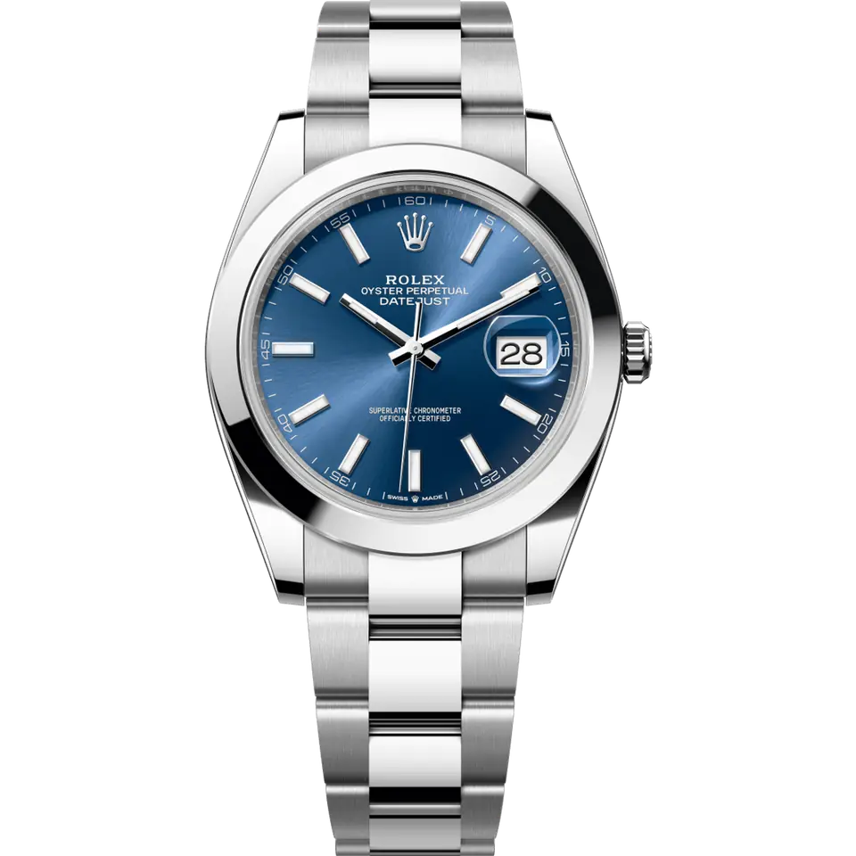 Rolex Datejust 41 126300 with a blue dial and smooth steel bezel on a steel Oyster bracelet, front view