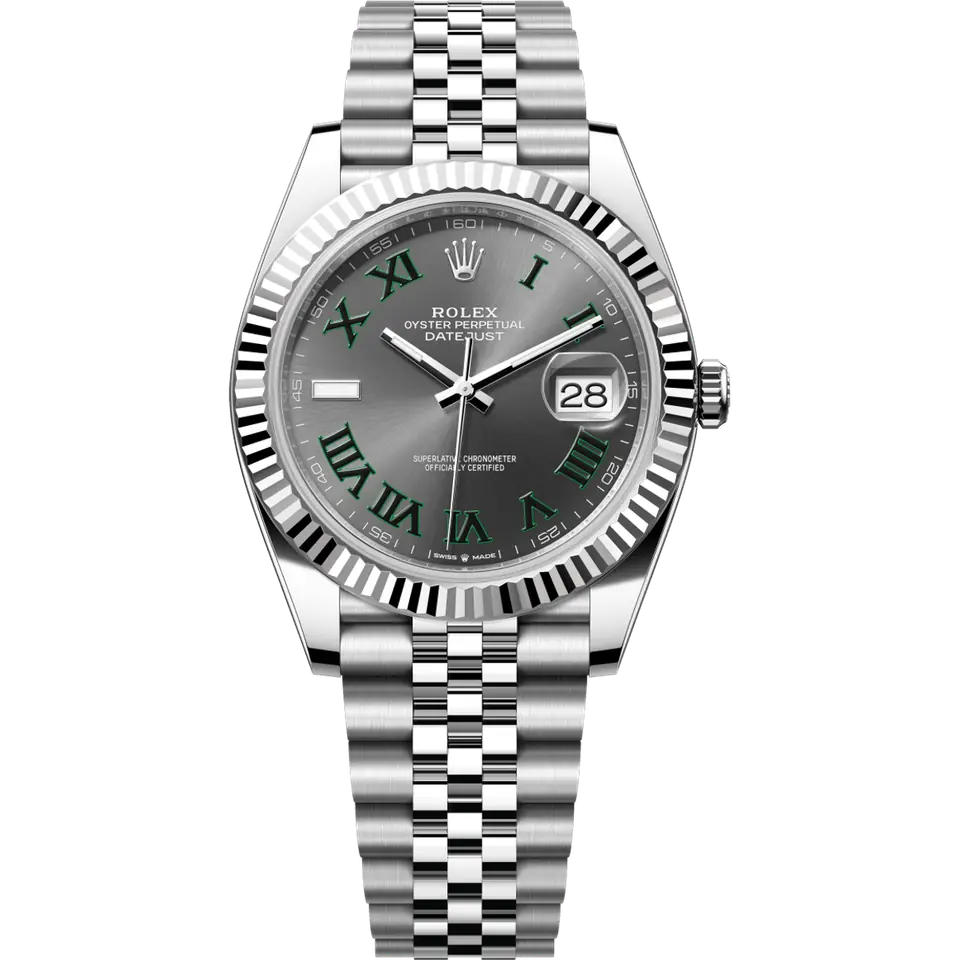 Rolex Datejust 41 126334 with the slate Wimbledon dial with green Roman numerals and a fluted white gold bezel on a Jubilee bracelet, front view