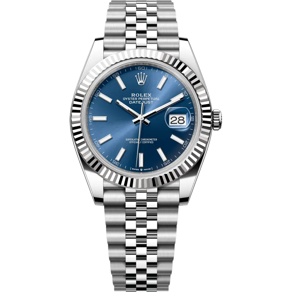 Rolex Datejust 41 126334 with a blue dial and fluted white gold bezel on a steel Jubilee bracelet, front view