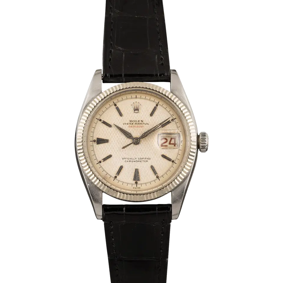 Rolex Datejust 36 6305 with a silver honeycomb dial, fluted bezel and steel case on a black leather strap, a pre-owned example, front view of the whole watch