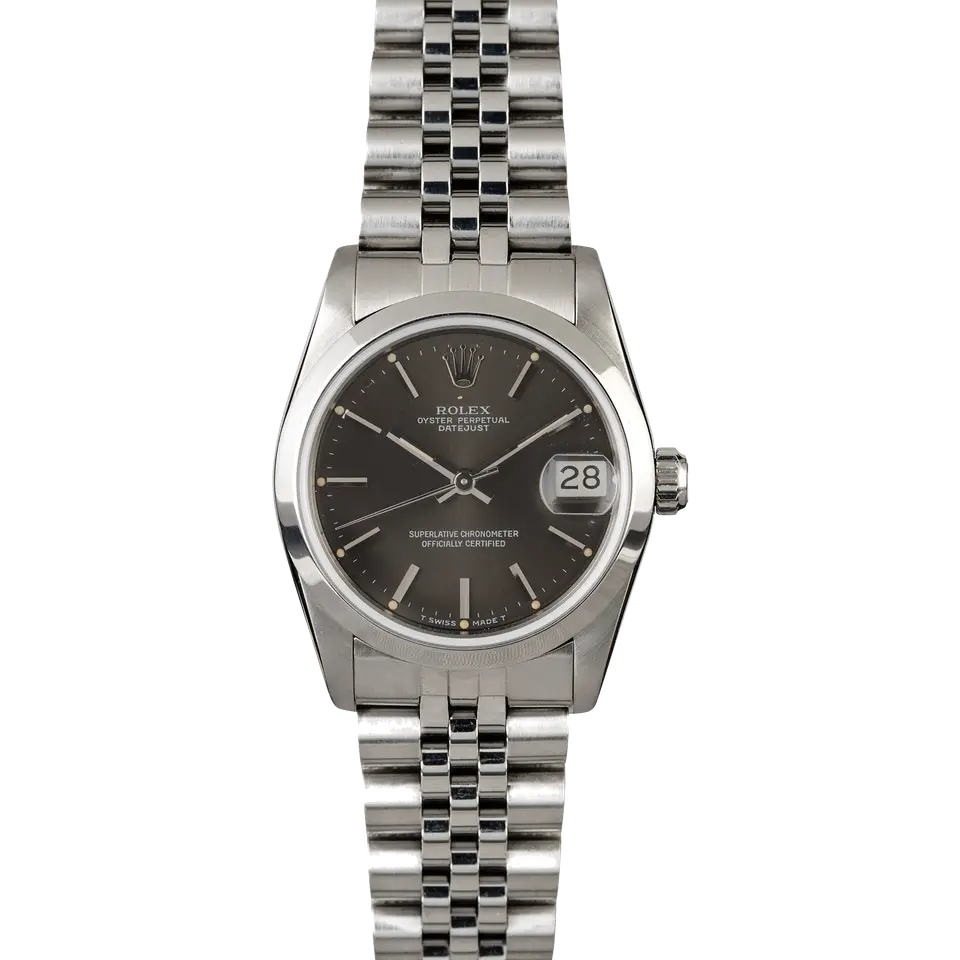 Rolex Datejust 31 68240 with a slate grey dial, smooth steel bezel and steel Jubilee bracelet, a pre-owned example, front view of the whole watch