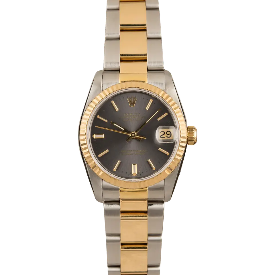 Rolex Datejust 31 68243 with a grey dial, fluted yellow gold bezel and steel and gold Jubilee bracelet, a pre-owned example, front view of the whole watch