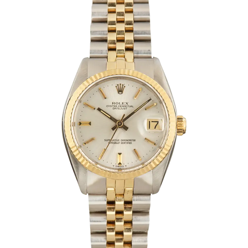 Rolex Datejust 31 6827 with a silver dial and fluted bezel in yellow gold on a Jubilee bracelet, a pre-owned example, front view of the whole watch