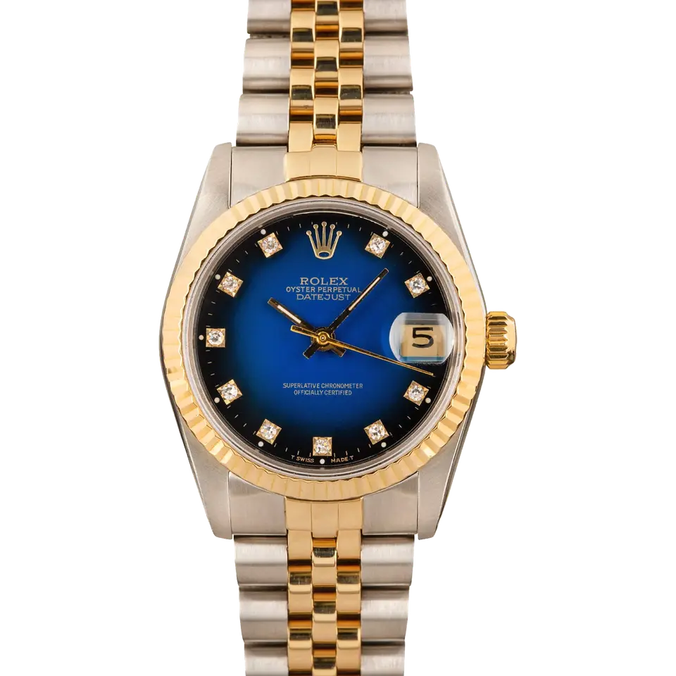 Rolex Datejust 31 68273 with a blue vignette dial with diamond markers and fluted yellow gold bezel in steel and yellow gold on a Jubilee bracelet, a pre-owned example, front view of the whole watch