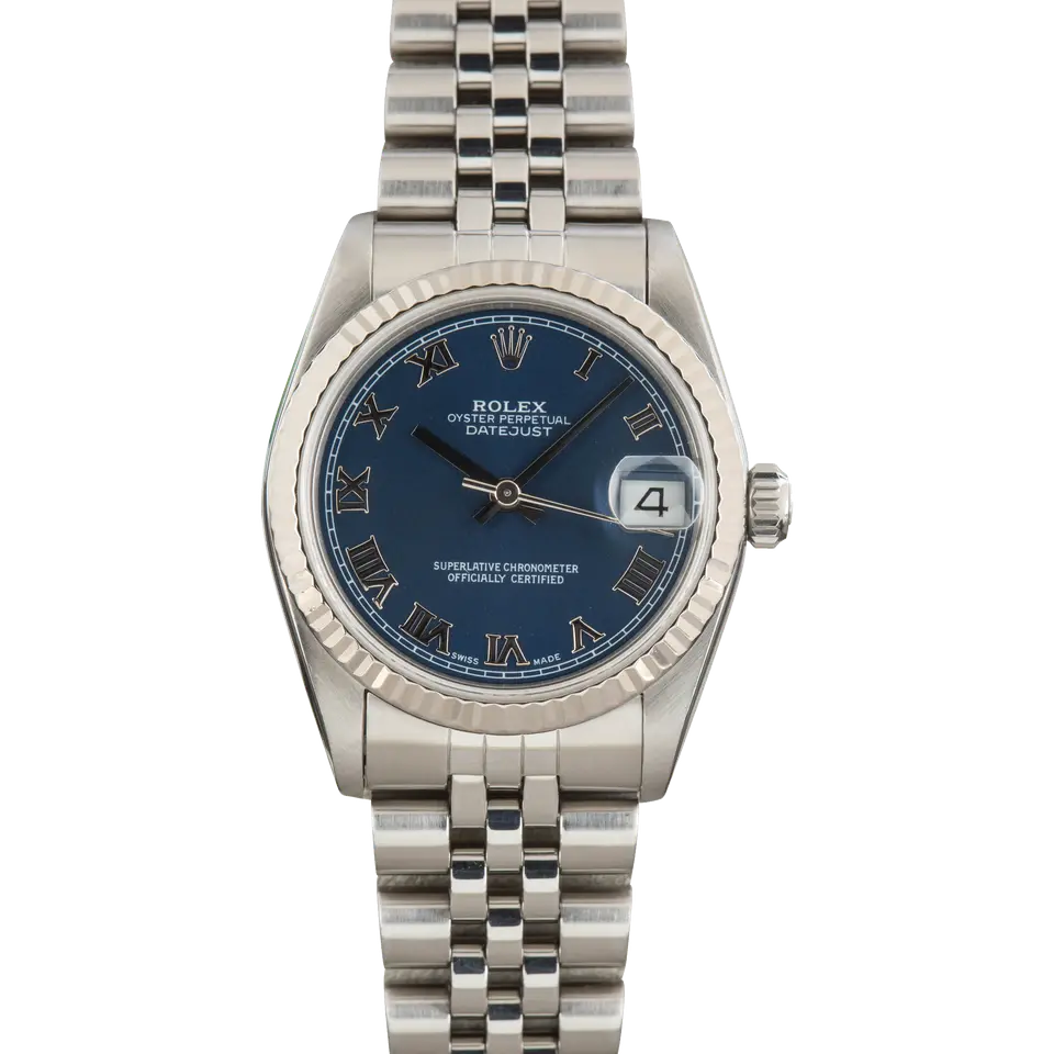 Rolex Datejust 31 68274 with a blue dial with Roman numerals and fluted white gold bezel on a steel Jubilee bracelet, a pre-owned example, front view of the whole watch
