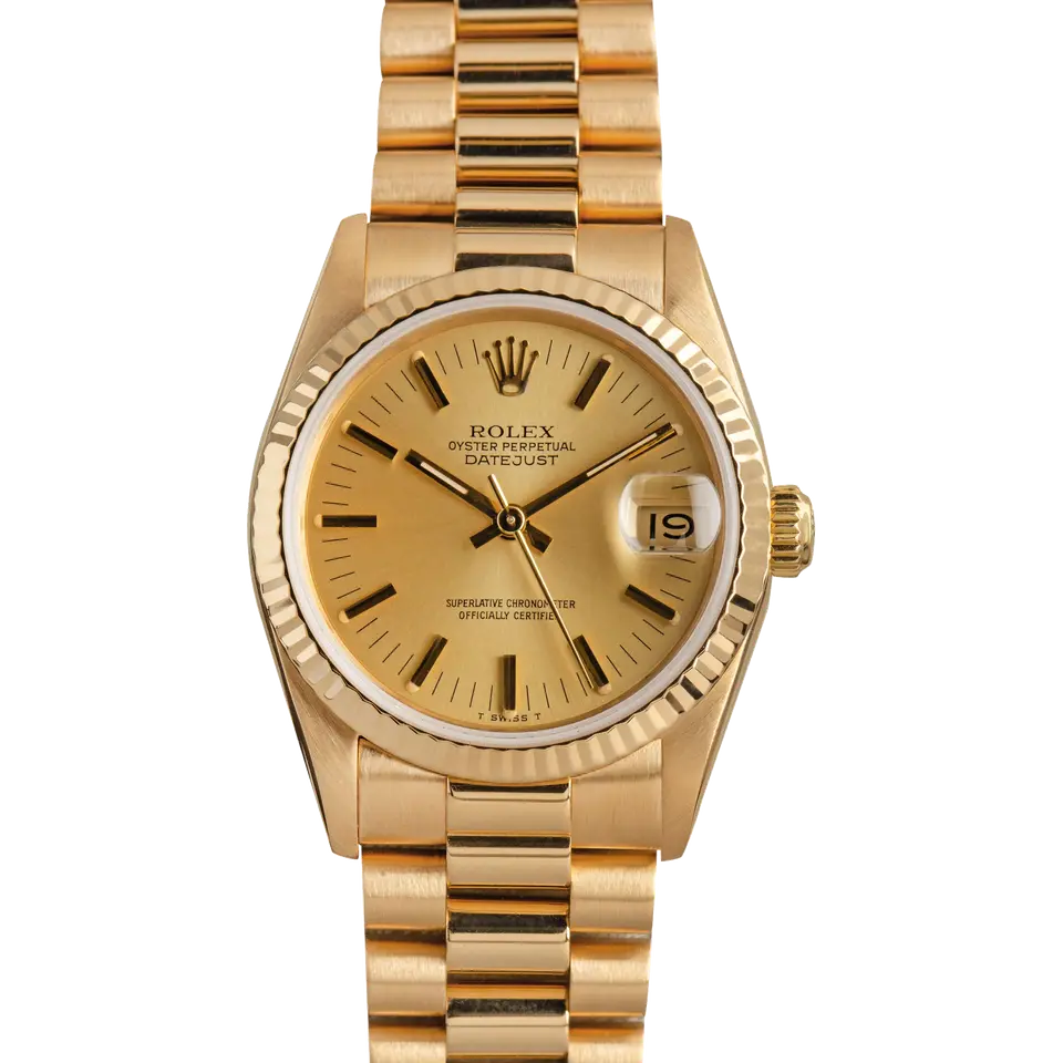 Rolex Datejust 31 68278 with a champagne dial, fluted yellow gold bezel and yellow gold President bracelet, a pre-owned example, front view of the whole watch