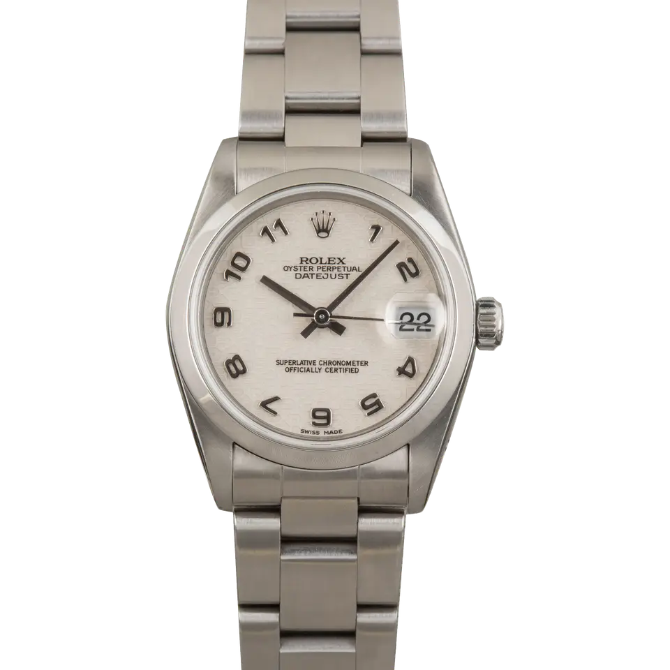 Rolex Datejust 31 78240 with a white Arabic-numeral dial, smooth steel bezel and steel Oyster bracelet, a pre-owned example, front view of the whole watch