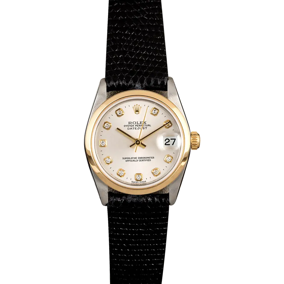 Rolex Datejust 78243 with a white dial with diamond hour markers, smooth yellow gold bezel and steel and gold case on a black leather strap, a pre-owned example, front view of the whole watch