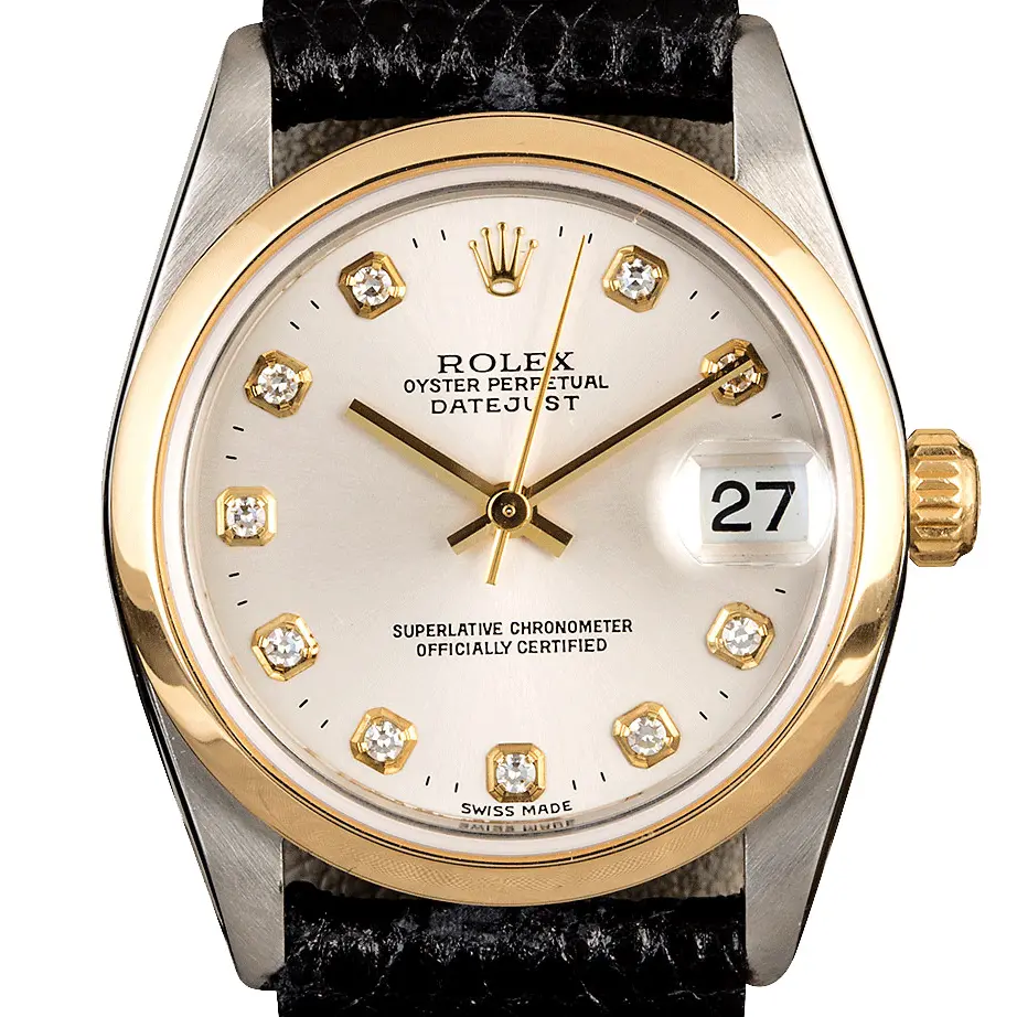 Rolex Datejust 78243 with a white dial with diamond hour markers, smooth yellow gold bezel and steel and gold case on a black leather strap, a pre-owned example, studio close-up of the case