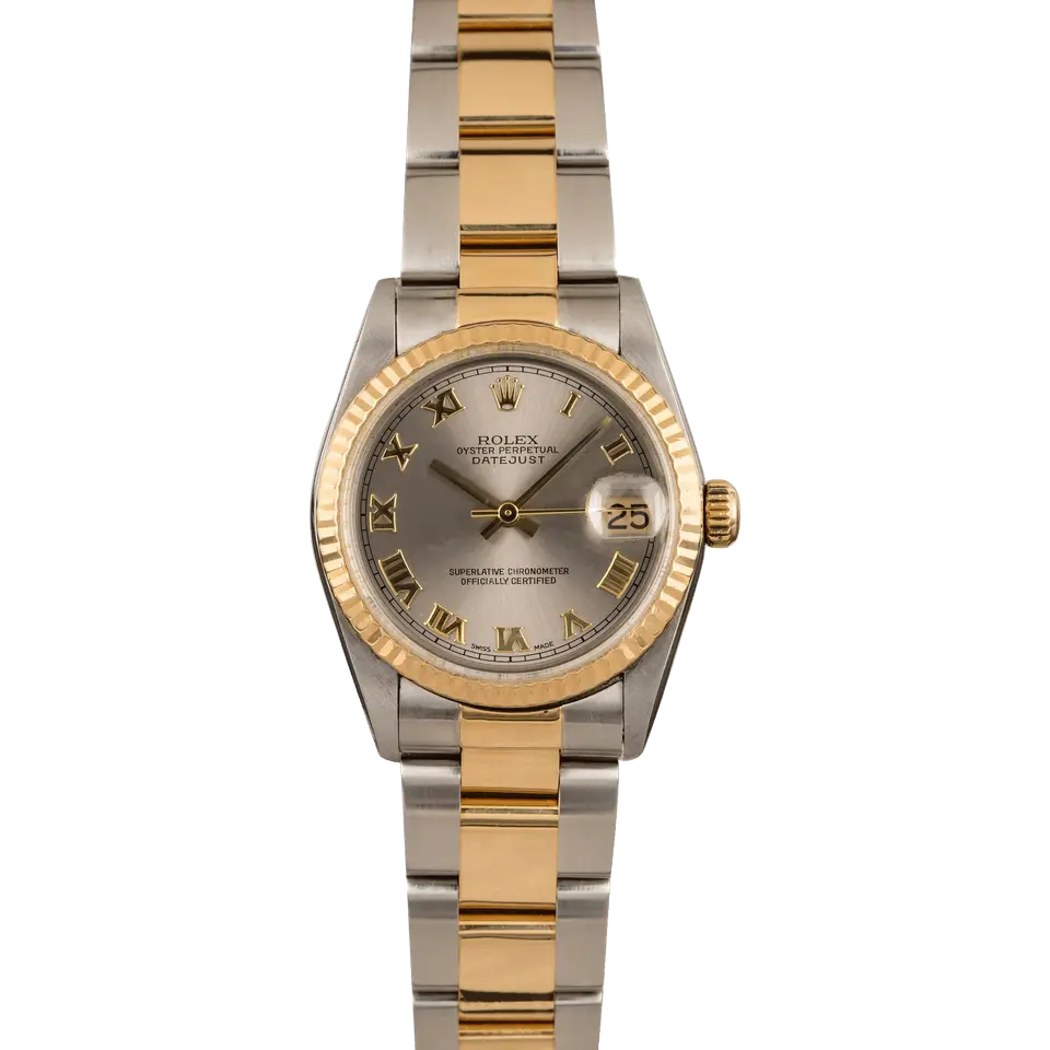 Rolex Datejust 31 78273 with a slate dial with Roman numerals and fluted yellow gold bezel in steel and yellow gold on an Oyster bracelet, a pre-owned example, front view of the whole watch