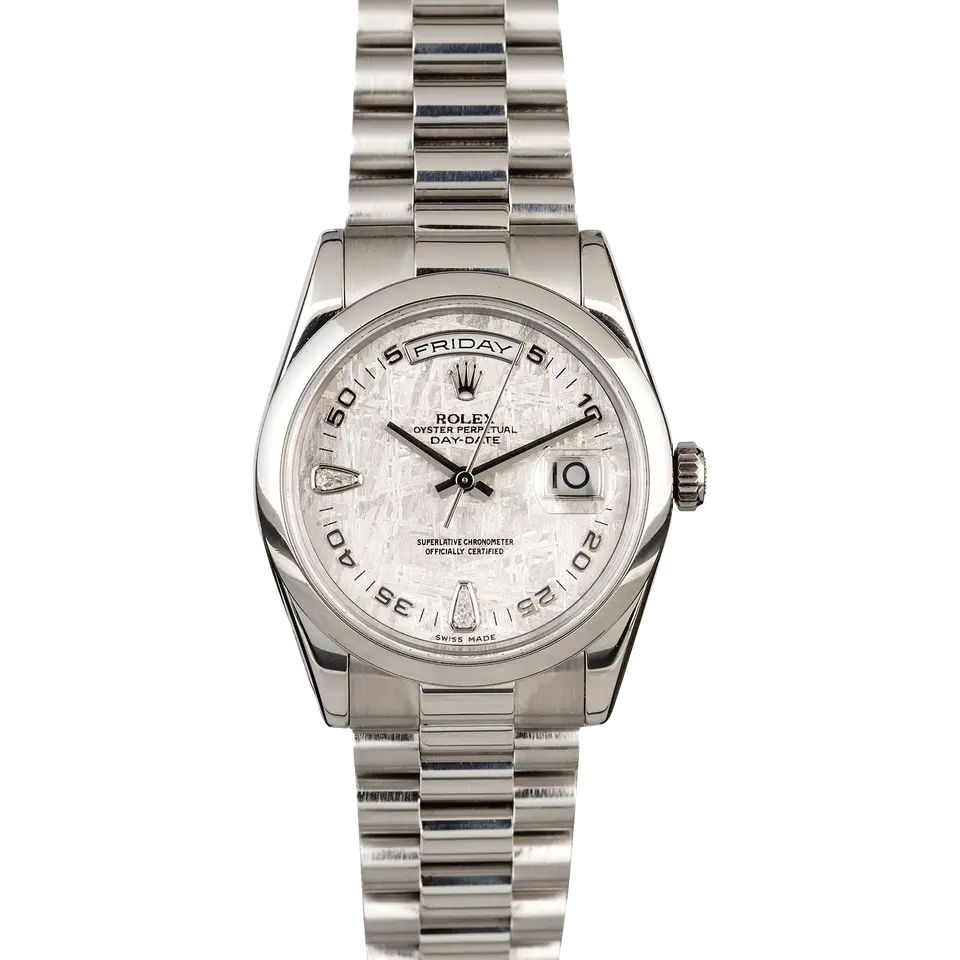 Rolex Day-Date 36 118206 with a meteorite dial with diamond markers and smooth bezel in platinum on a President bracelet, a pre-owned example, front view of the whole watch