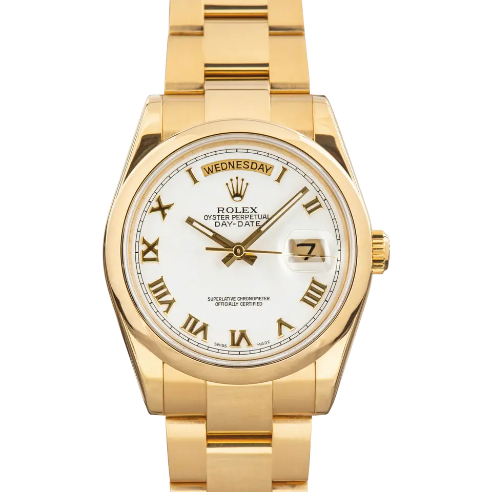 Rolex Day-Date 36 118208 with a white dial with Roman numerals and smooth bezel in yellow gold on an Oyster bracelet, a pre-owned example, front view of the whole watch
