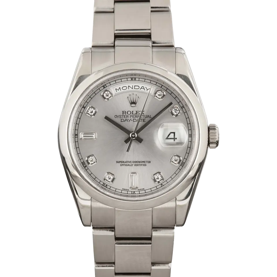 Rolex Day-Date 118209 with a silver dial with diamond hour markers, smooth white gold bezel and white gold President bracelet, a pre-owned example, front view of the whole watch