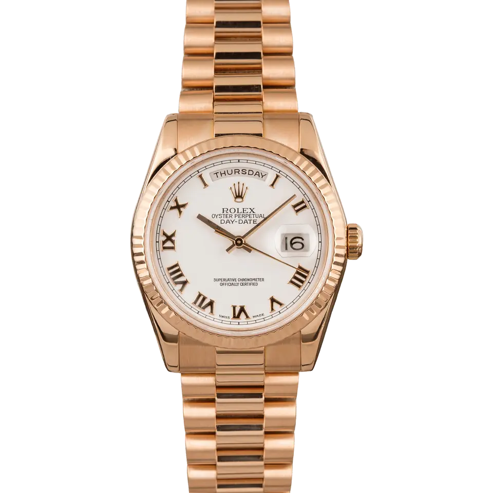 Rolex Day-Date 36 118235 with a white dial with Roman numerals and fluted bezel in Everose gold on a President bracelet, a pre-owned example, front view of the whole watch