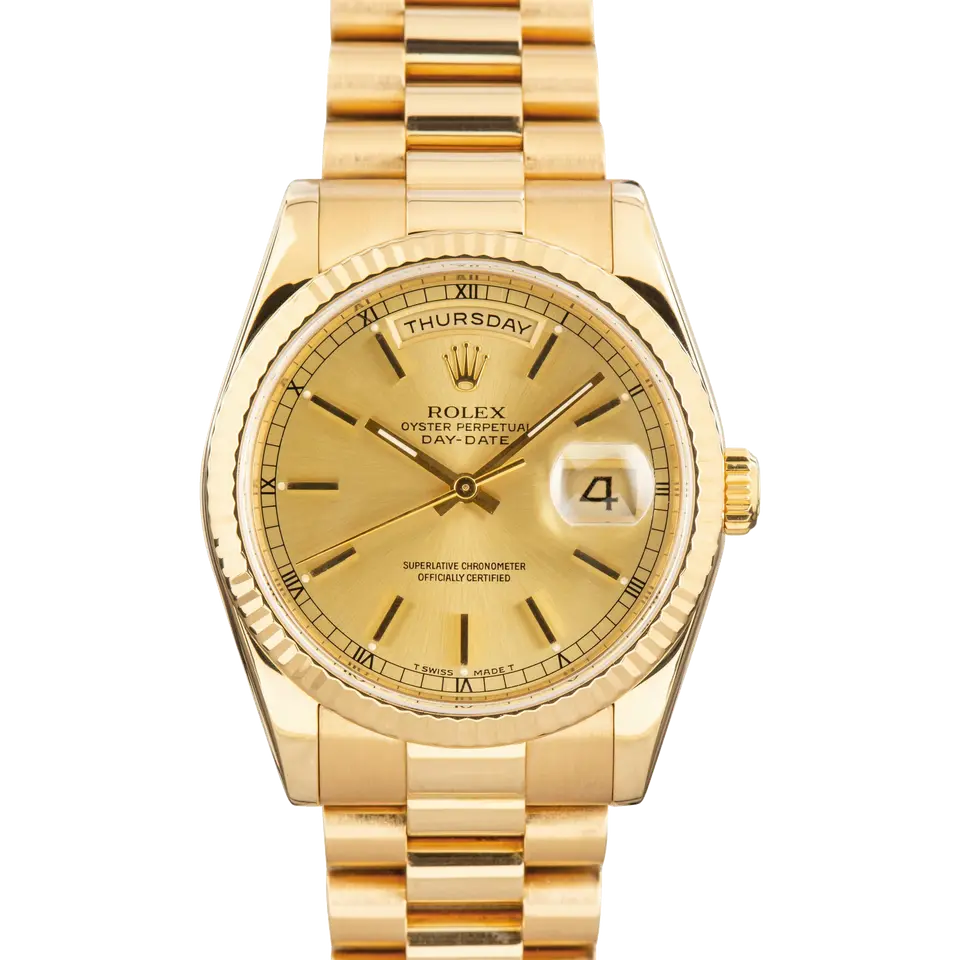 Rolex Day-Date 36 118238 with a champagne dial and fluted bezel in yellow gold on a President bracelet, a pre-owned example, front view of the whole watch