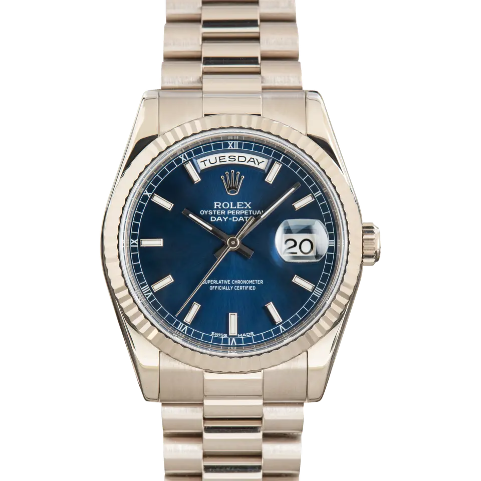 Rolex Day-Date 36 118239 with a blue dial and fluted bezel in white gold on a President bracelet, a pre-owned example, front view of the whole watch