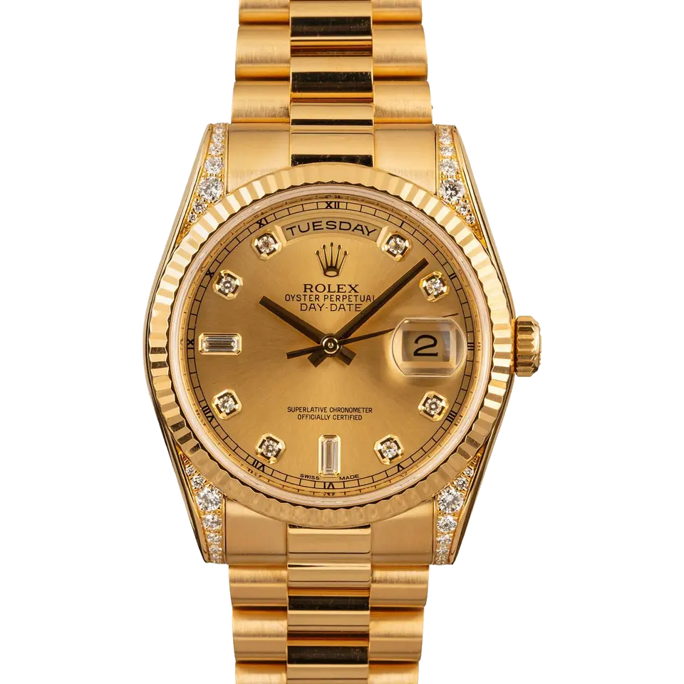 Rolex Day-Date 118338 with a champagne dial with diamond hour markers, fluted yellow gold bezel, diamond-set lugs and yellow gold President bracelet, a pre-owned example, front view of the whole watch