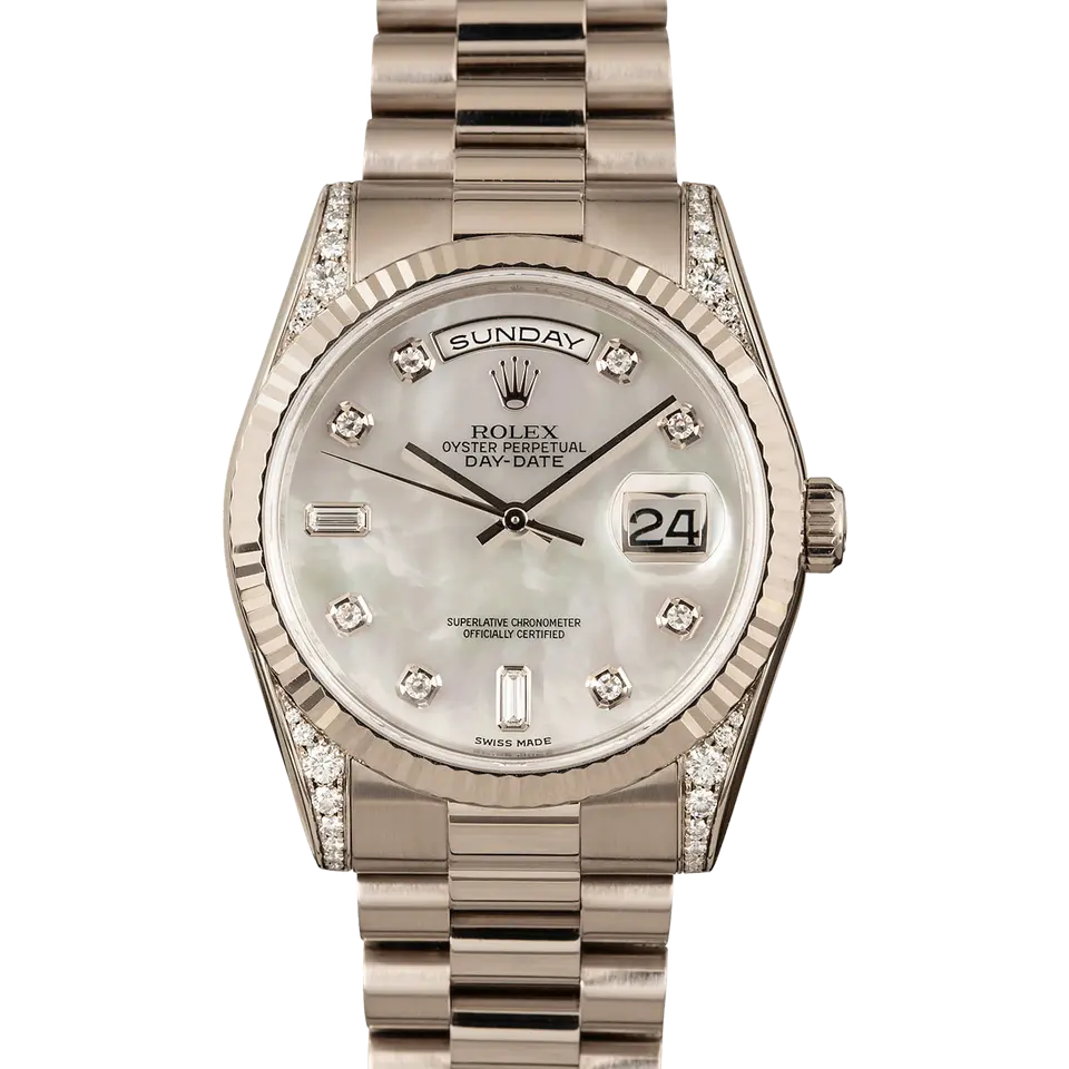 Rolex Day-Date 36 118339 with a mother-of-pearl dial with diamond hour markers, fluted white gold bezel, diamond-set lugs and white gold President bracelet, a pre-owned example, front view of the whole watch