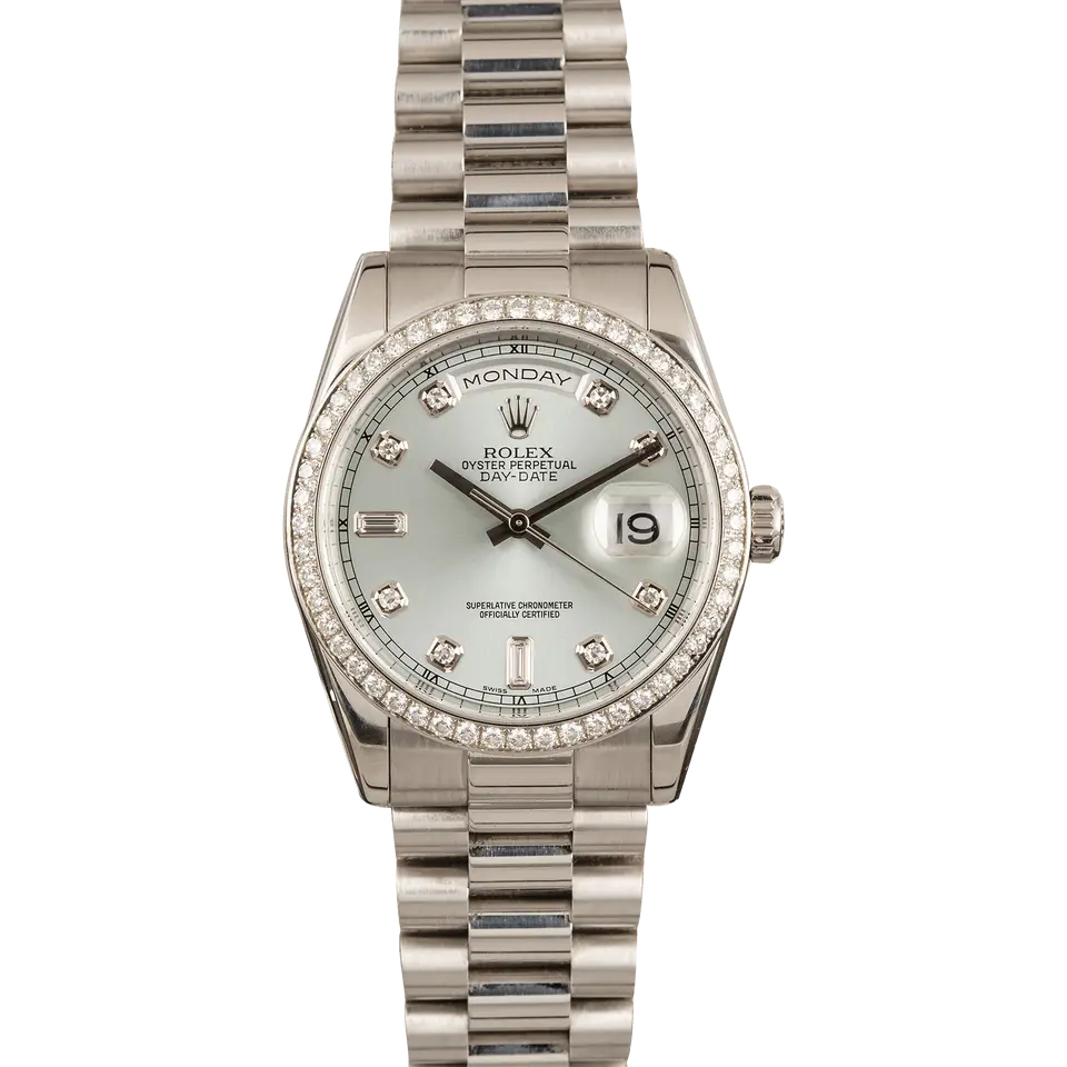 Rolex Day-Date 36 118346 with an ice blue dial with diamond markers and diamond-set bezel in platinum on a President bracelet, a pre-owned example, front view of the whole watch