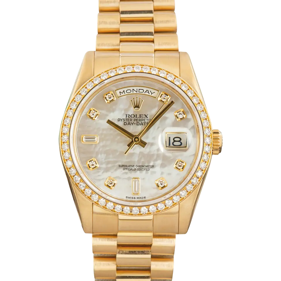 Rolex Day-Date 36 118348 with a mother-of-pearl dial with diamond markers and diamond-set bezel in yellow gold on a President bracelet, a pre-owned example, front view of the whole watch