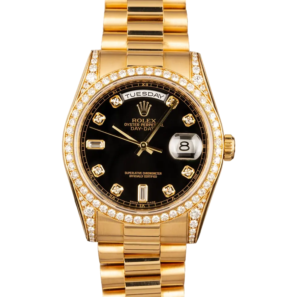 Rolex Day-Date 36 118388 with a black dial with diamond markers, diamond-set bezel and lugs in yellow gold on a President bracelet, a pre-owned example, front view of the whole watch