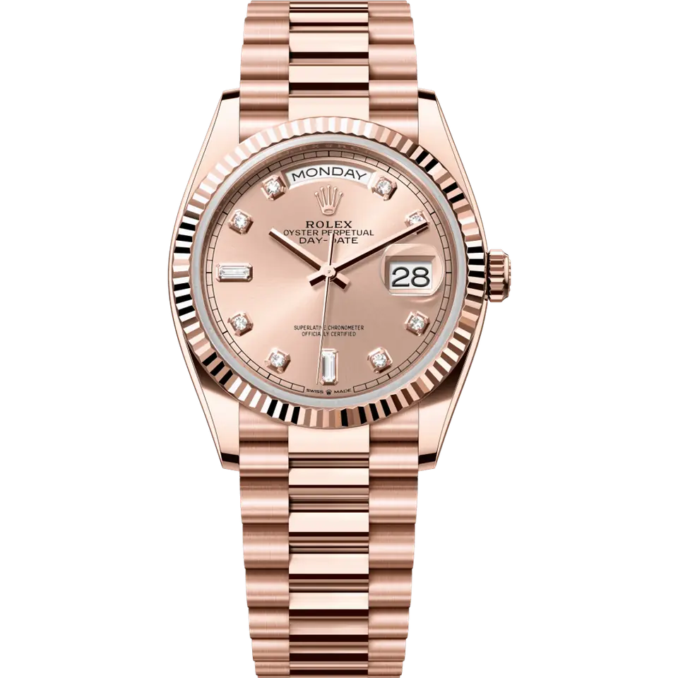 Rolex Day-Date 36 128235 with a sundust dial with diamond markers and a fluted Everose gold bezel on an Everose President bracelet, front view