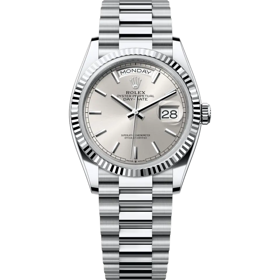 Rolex Day-Date 36 128236 in platinum with a silver dial with day and date, fluted platinum bezel and President bracelet, front view