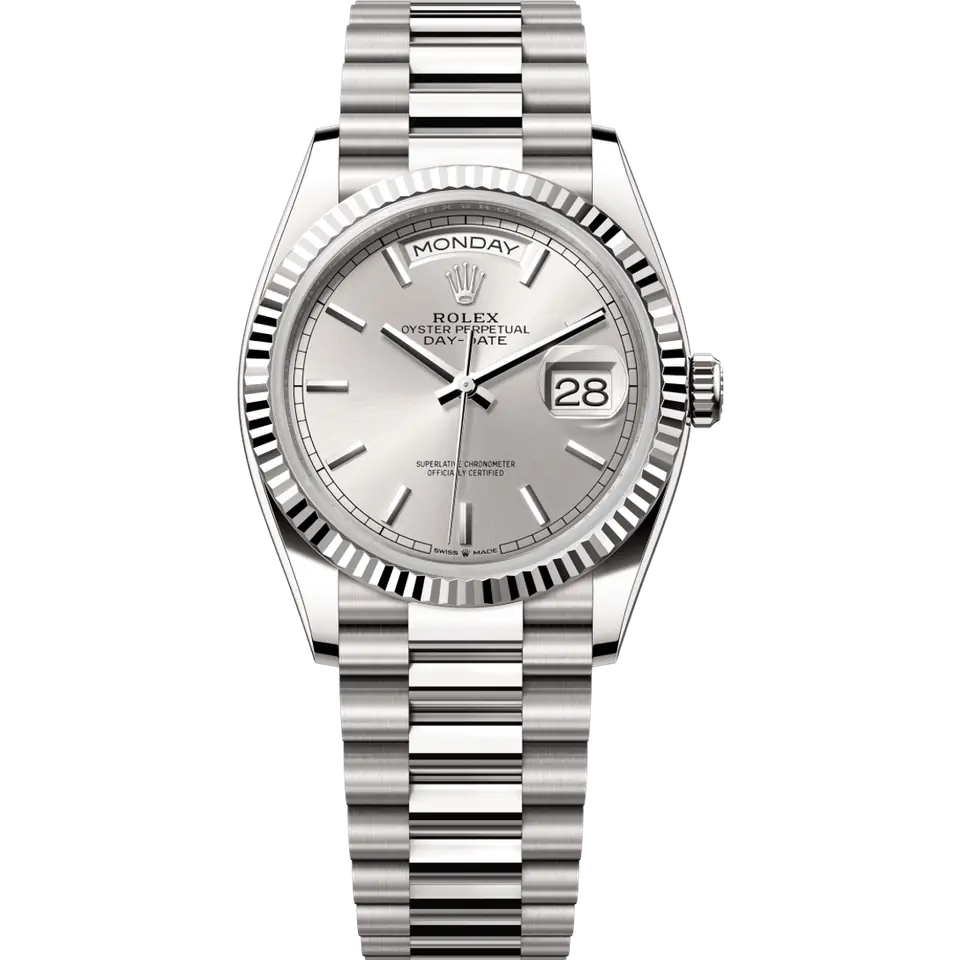 Rolex Day-Date 36 128239 with a silver dial and a fluted white gold bezel on a white gold President bracelet, front view