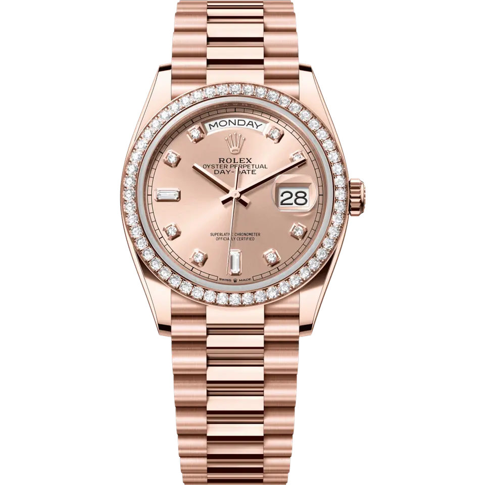 Rolex Day-Date 36 128345RBR with a sundust dial with diamond markers and a diamond-set Everose gold bezel on an Everose President bracelet, front view