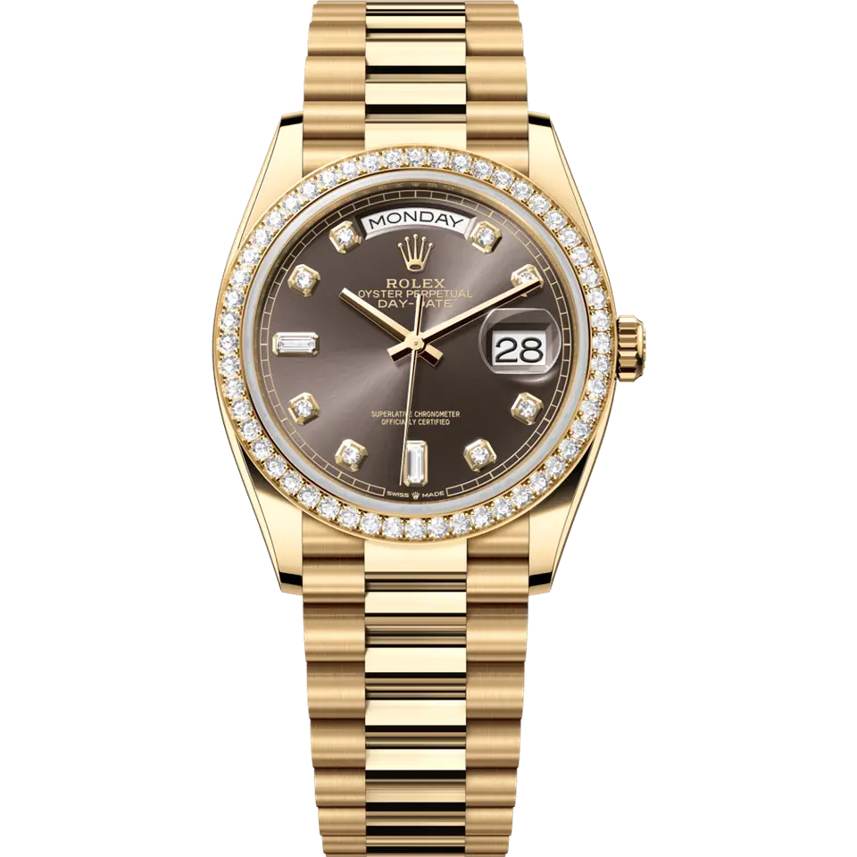 Rolex Day-Date 36 128348RBR with a chocolate dial with diamond markers and a diamond-set yellow gold bezel on a yellow gold President bracelet, front view