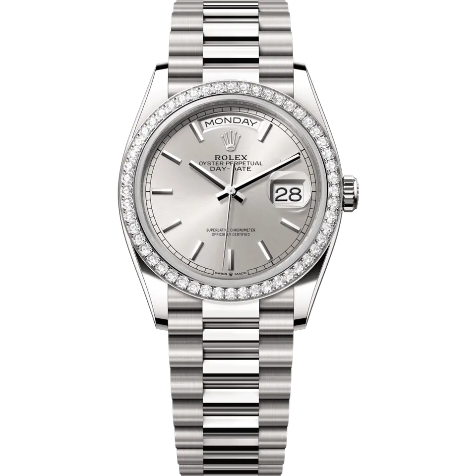 Rolex Day-Date 36 128349RBR with a silver dial and a diamond-set bezel on a white gold President bracelet, front view