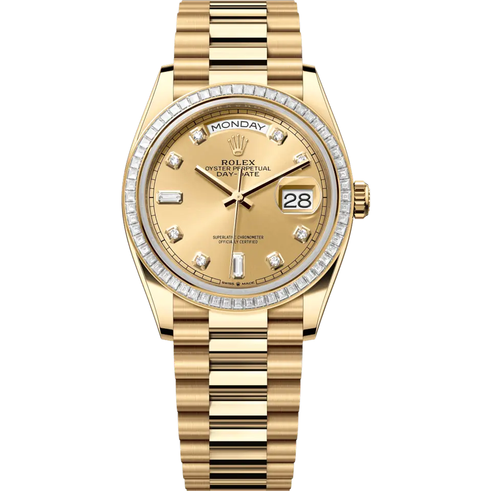 Rolex Day-Date 128398TBR in 18k yellow gold with a champagne dial with diamond hour markers, baguette-diamond bezel and yellow gold President bracelet, front view