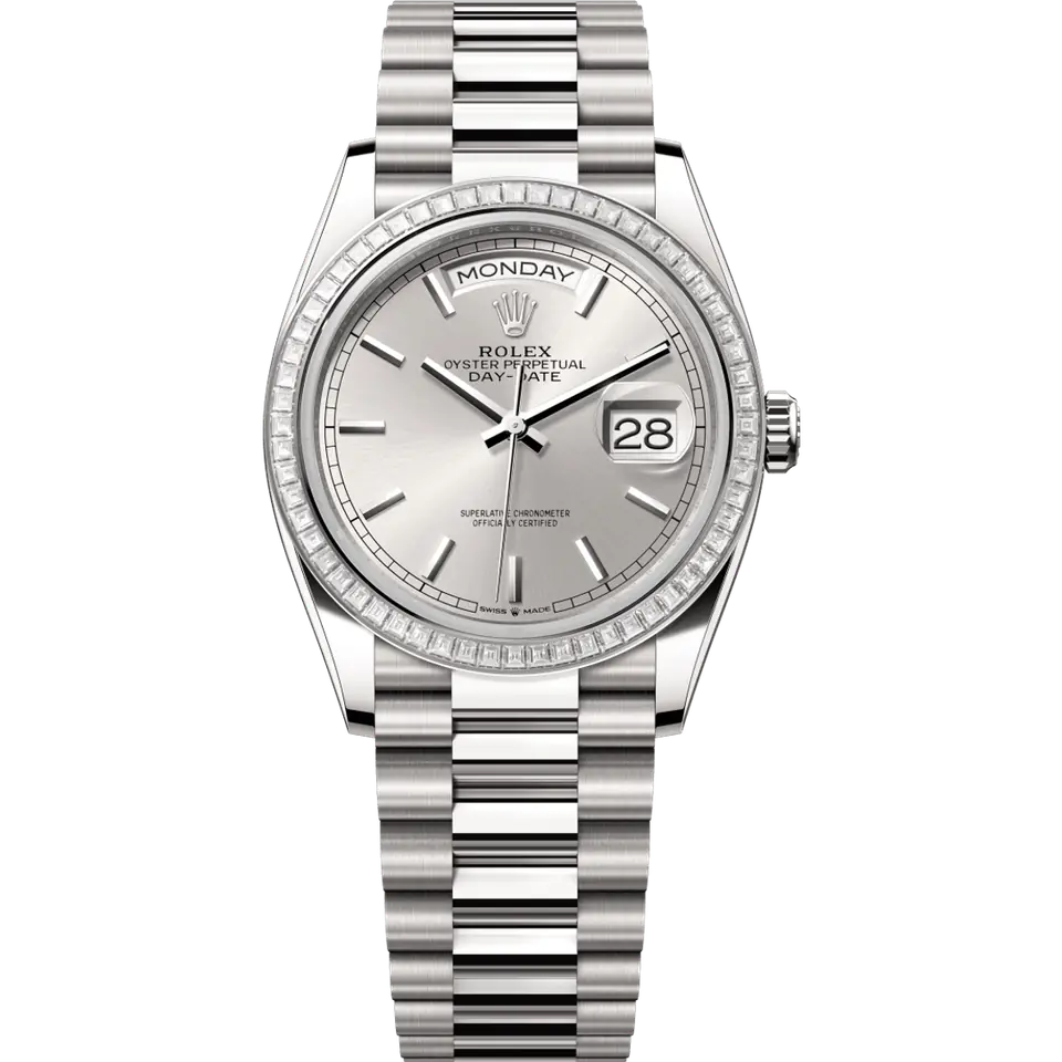 Rolex Day-Date 128399TBR in 18k white gold with a silver dial, baguette-diamond bezel and white gold President bracelet, front view