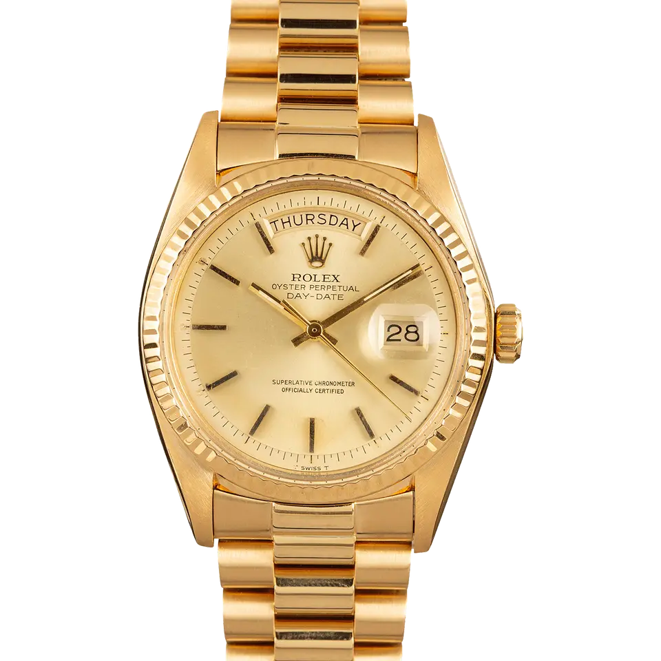 Rolex Day-Date 1803 with a champagne dial and fluted bezel in yellow gold on a President bracelet, a pre-owned example, front view of the whole watch