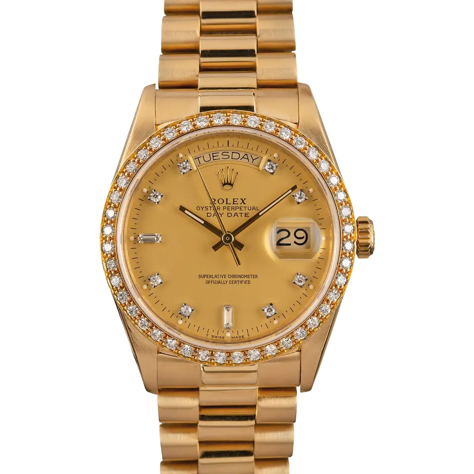 Rolex Day-Date 36 18048 with a champagne dial with diamond hour markers, diamond-set bezel and yellow gold President bracelet, a pre-owned example, front view of the whole watch