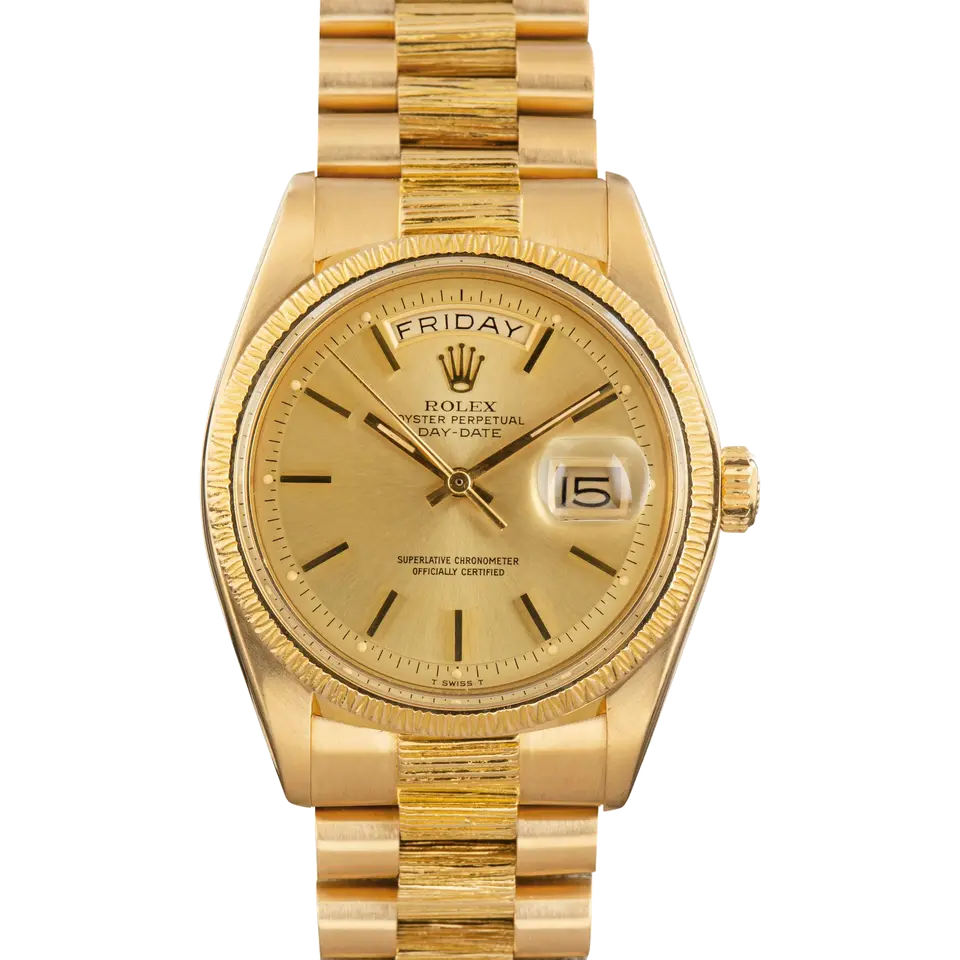 Rolex Day-Date 1807 with a champagne dial, bark-finish yellow gold bezel and bark-finish President bracelet, a pre-owned example, front view of the whole watch