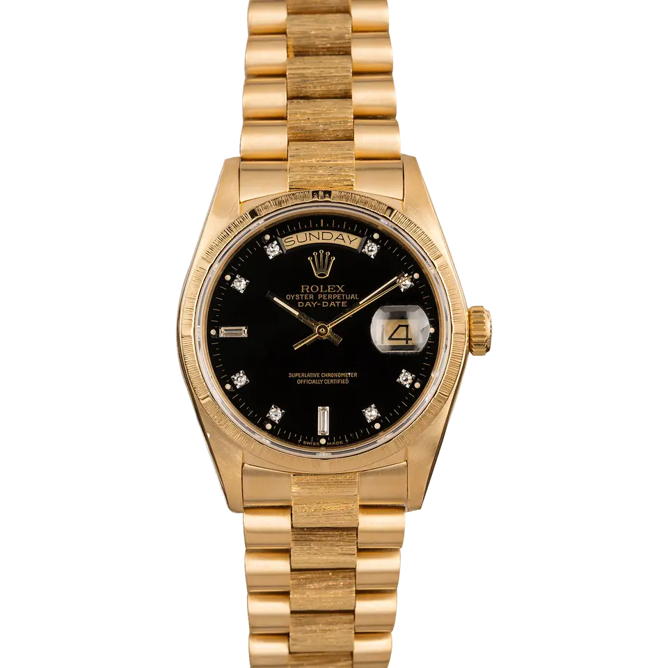 Rolex Day-Date 36 18078 with a black dial with diamond markers in bark-finished yellow gold on a bark-finished President bracelet, a pre-owned example, front view of the whole watch