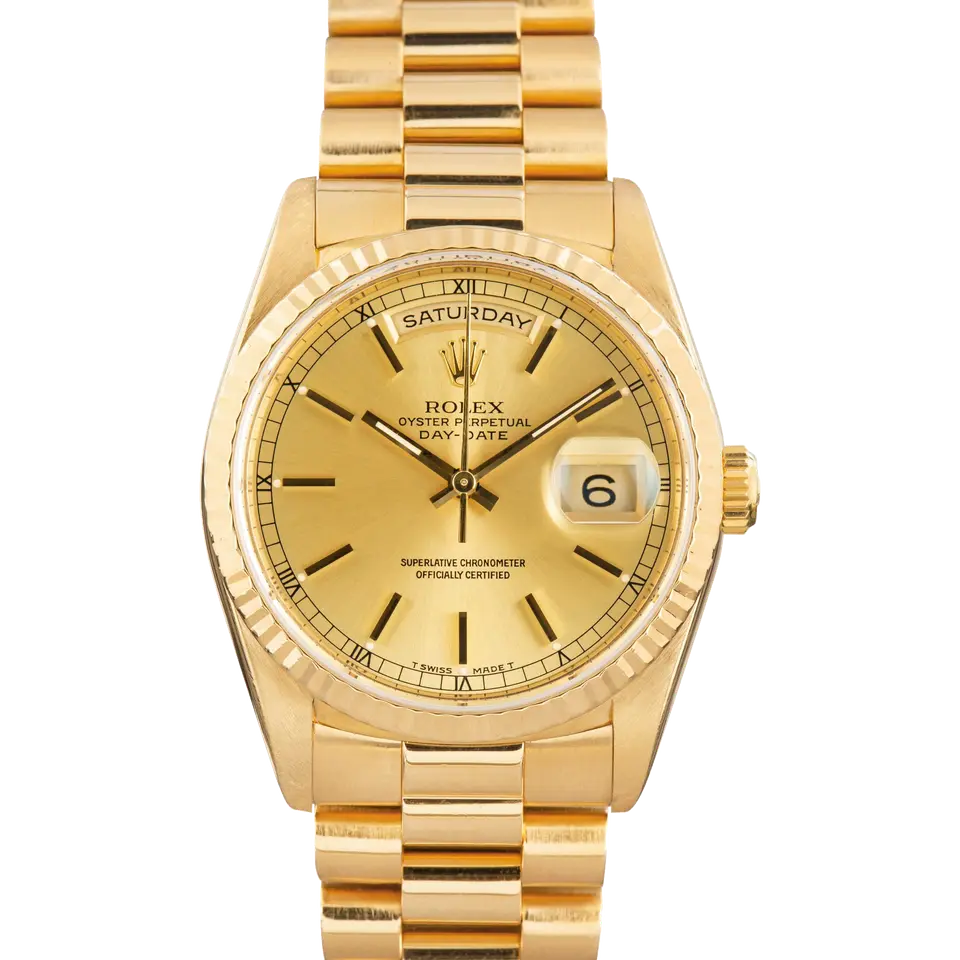 Rolex Day-Date 36 18238 with a champagne dial and fluted bezel in yellow gold on a President bracelet, a pre-owned example, front view of the whole watch