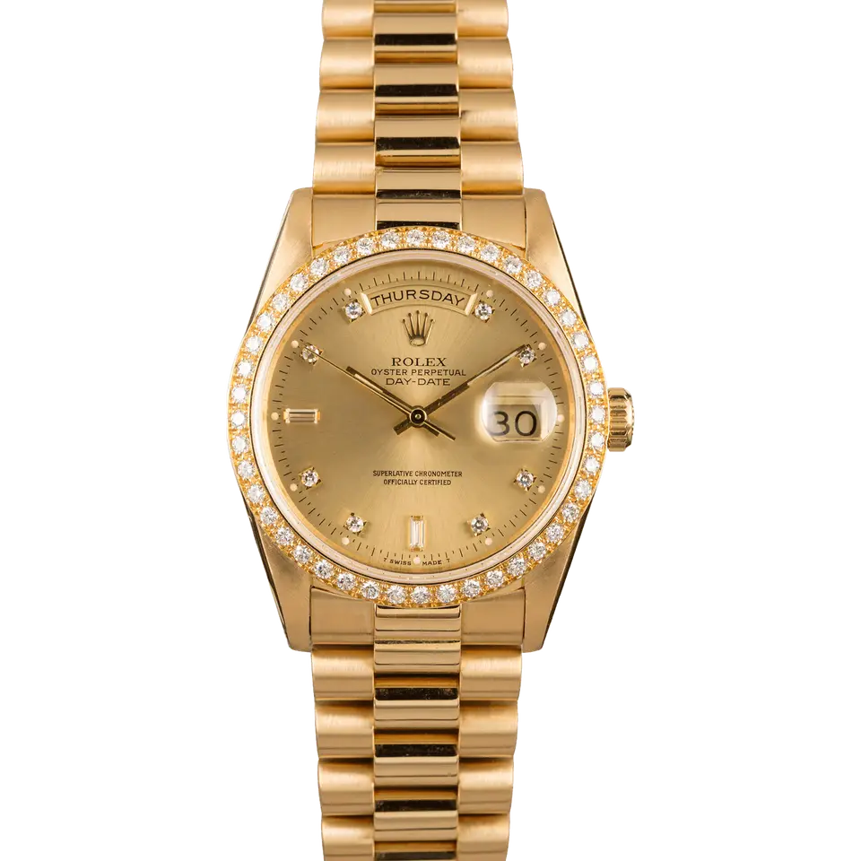 Rolex Day-Date 18348 with a champagne dial with diamond hour markers, diamond-set bezel and yellow gold President bracelet, a pre-owned example, front view of the whole watch