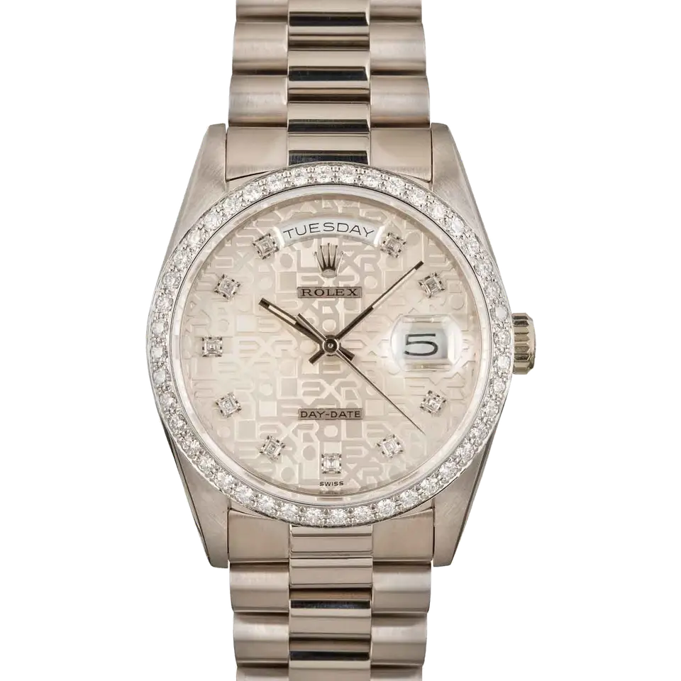 Rolex Day-Date 36 18349 with a silver Jubilee dial with diamond hour markers, diamond-set bezel and white gold President bracelet, a pre-owned example, front view of the whole watch