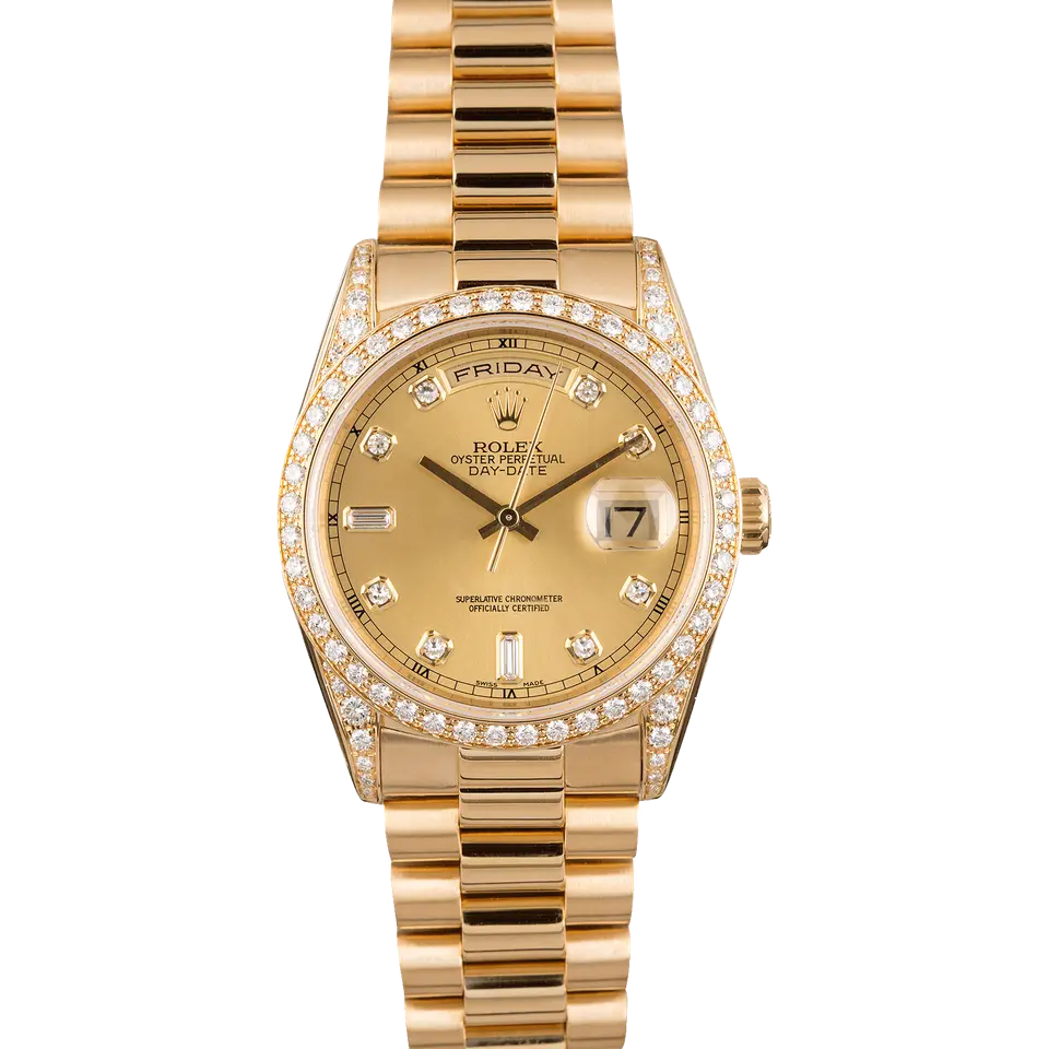 Rolex Day-Date 36 18388 with a champagne dial with diamond hour markers, diamond-set bezel, diamond-set lugs and yellow gold President bracelet, a pre-owned example, front view of the whole watch
