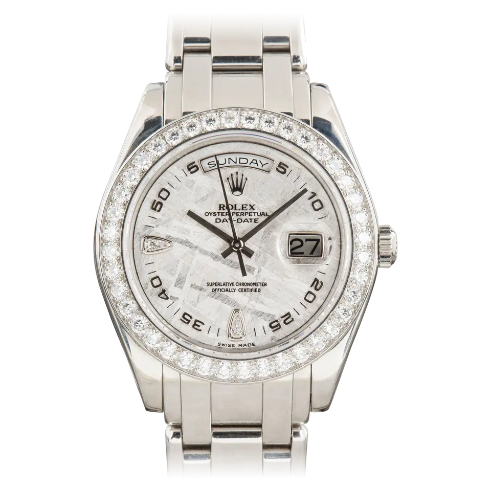 Rolex Day-Date 39 18946 with a meteorite dial with diamond markers, diamond-set bezel and platinum Masterpiece bracelet, a pre-owned example, front view of the whole watch