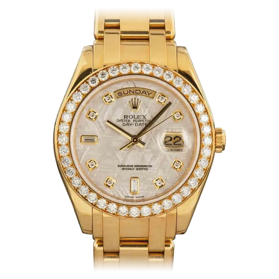 Rolex Day-Date 18948 with a meteorite dial with diamond hour markers, diamond-set bezel and yellow gold Masterpiece bracelet, a pre-owned example, front view of the whole watch