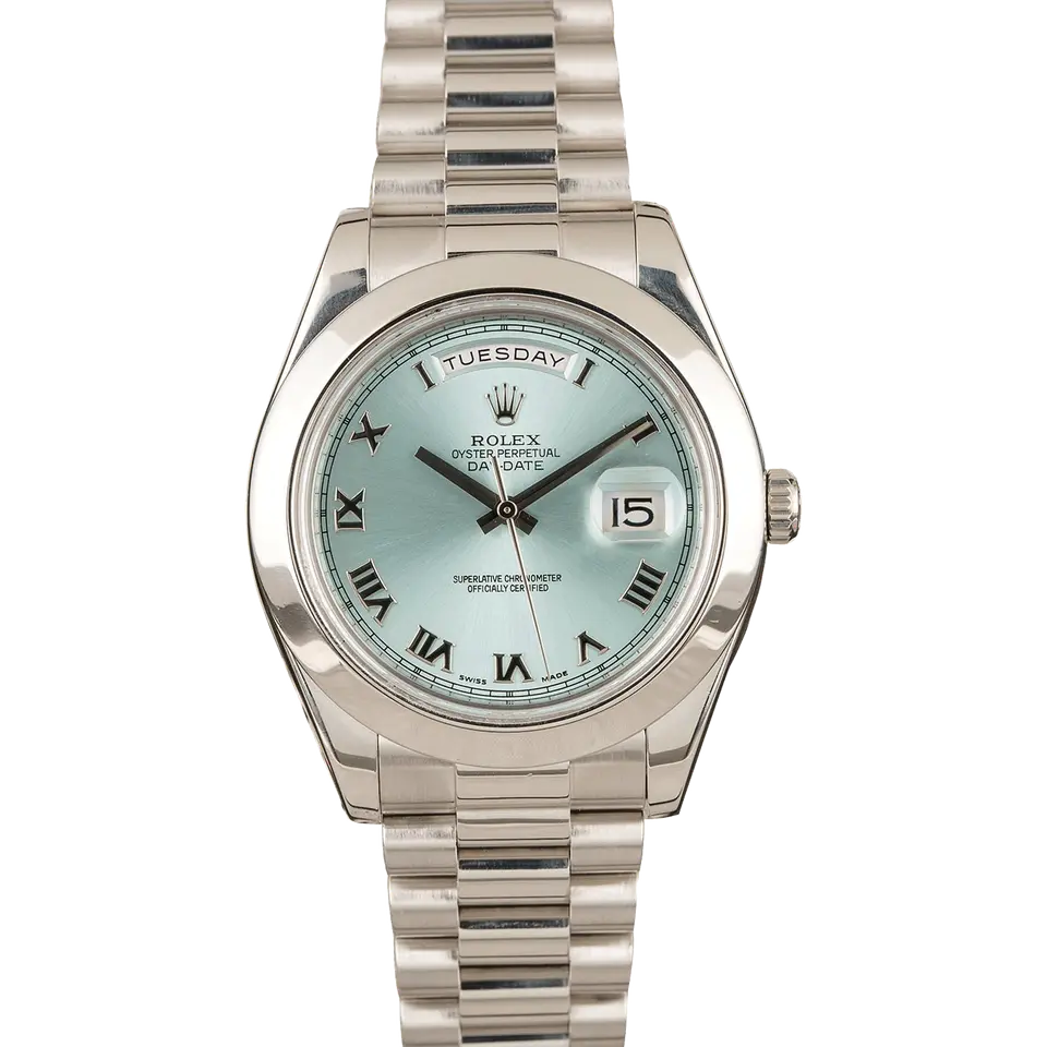 Rolex Day-Date II 218206 with an ice blue dial with Roman numerals and smooth bezel in platinum on a President bracelet, a pre-owned example, front view of the whole watch