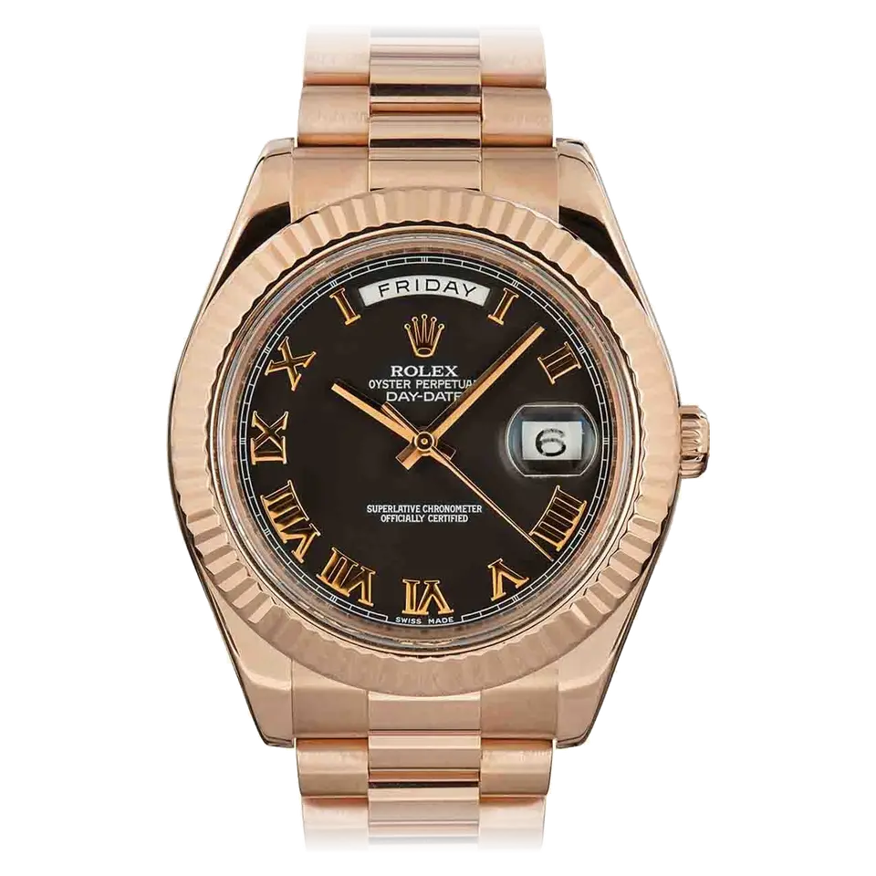 Rolex Day-Date II 218235 with a black dial with Roman numerals and fluted bezel in Everose gold on a President bracelet, a pre-owned example, front view of the whole watch